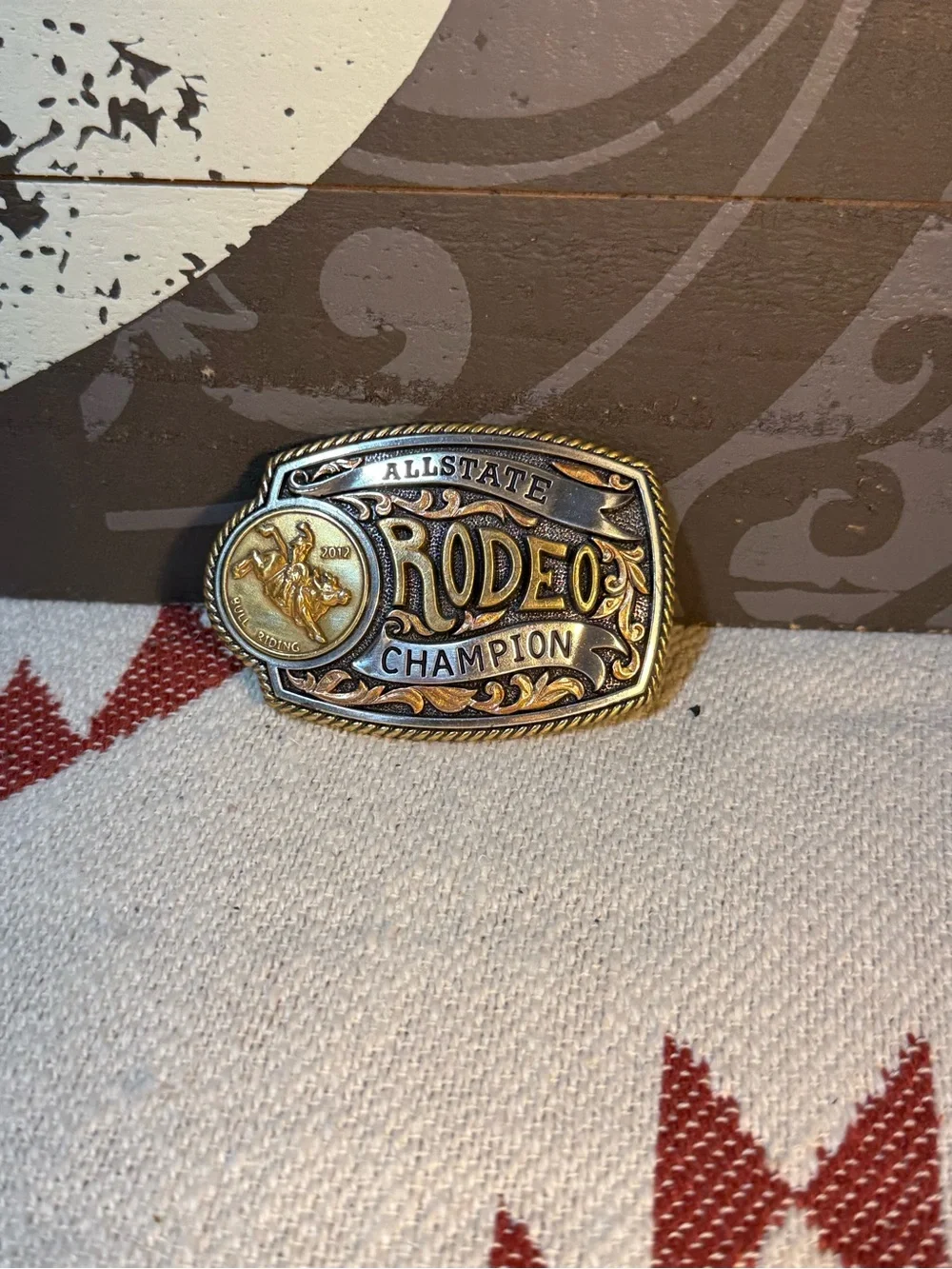Allstate Rodeo Champion Western Belt Buckle Bull Riding Silver Gold Tone